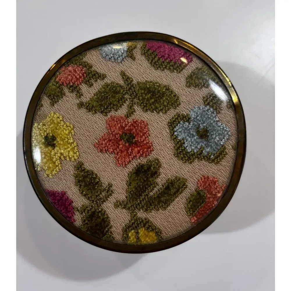 Vintage Glass Vanity Powder Jar Floral Lid Brass Rim Trinket Cottage Shabby Chic